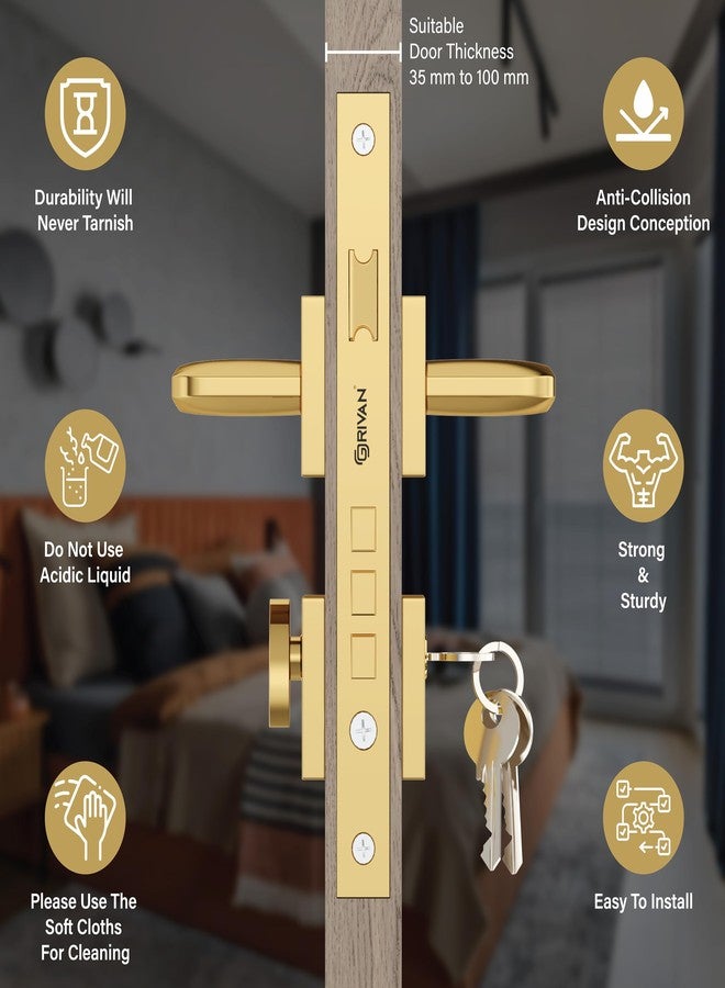 GRIVAN Premium Heavy Duty Door Locks for Main Door, Mortise Door Lock Set with 3 Brass Keys, Bedroom Door Lock, Handle Lock for Home/Office/Hotel (Gold Finish) | 2 Years Warranty - Image 3